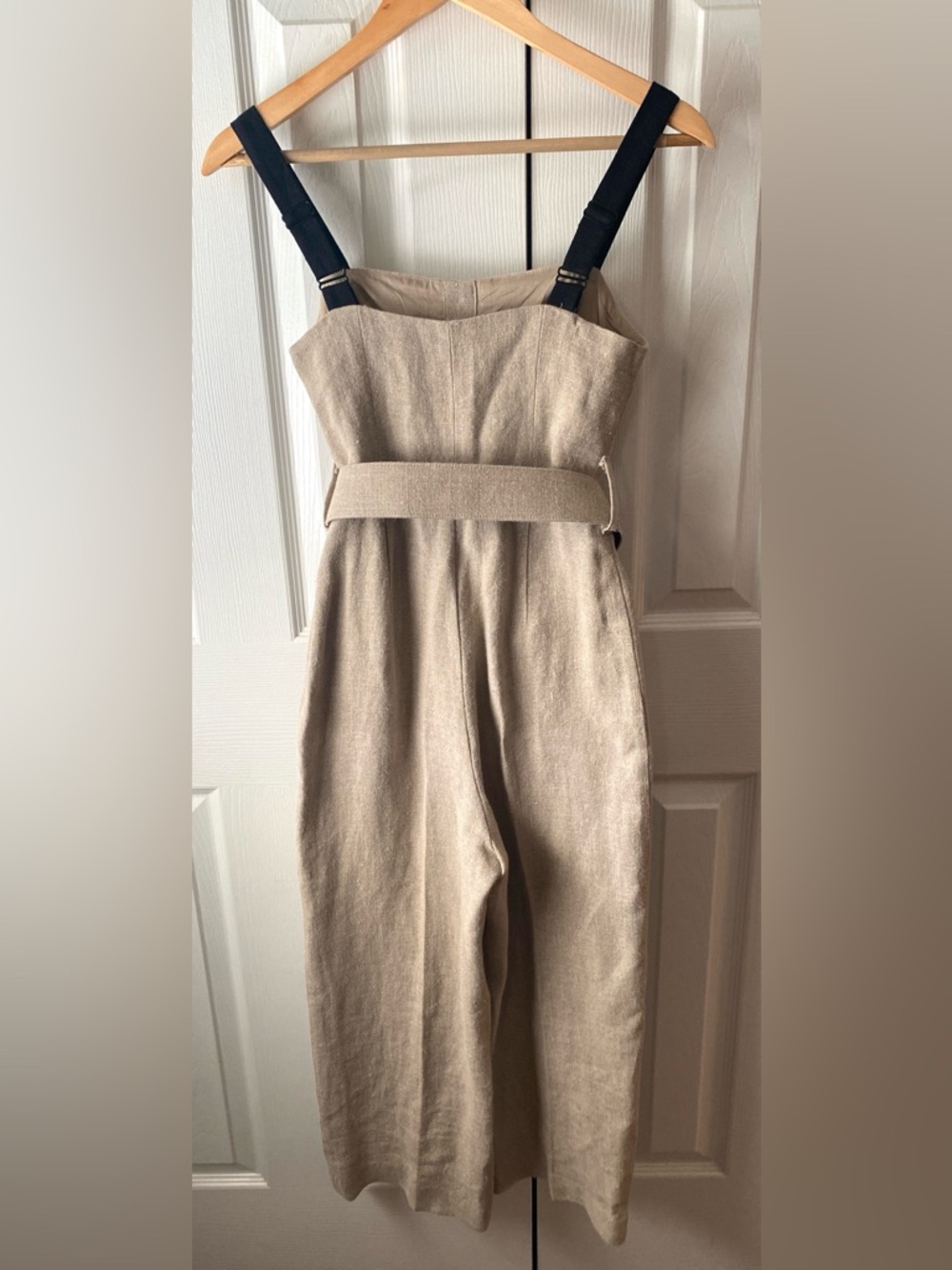 STAUD Lampone Beige 100% Linen Wide-Leg Cropped Jumpsuit with Black Trim 0 - Picture 4 of 15